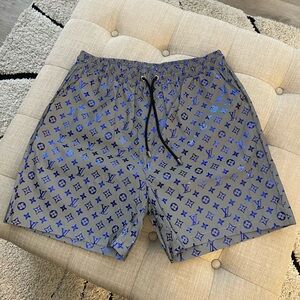 Louis Vuitton Gray Swim Shorts with Metallic Blue Monogram U.S. size XL RARE